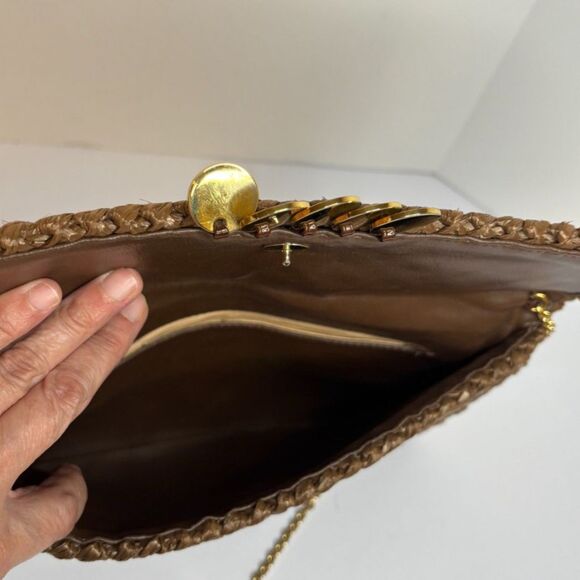 RODO Vintage Brown Designer Straw Woven Clutch Purse Chain Strap Womens - Picture 6 of 9